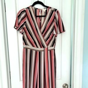 Pink and Black Striped Jumpsuit with Decorative Tie Waist
